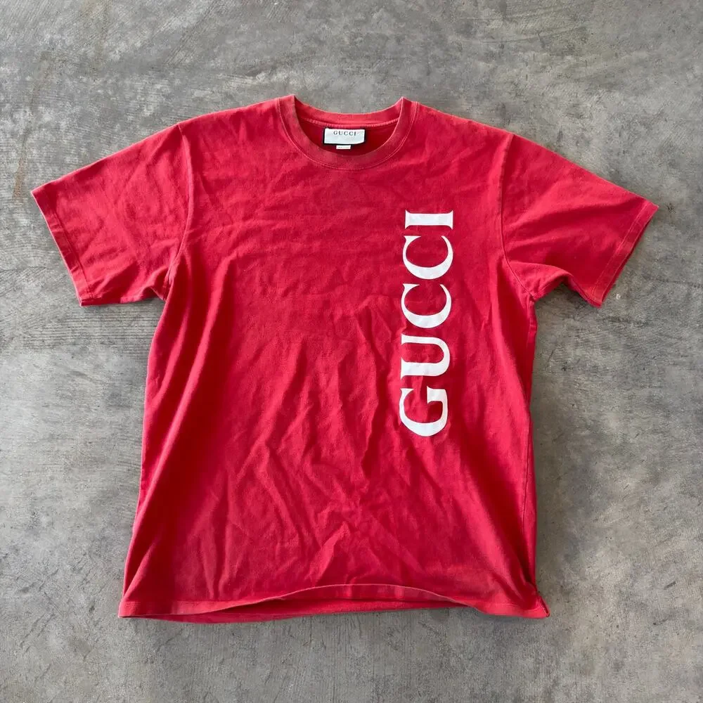 GUCCI Vertical Logo Print T-Shirt Faded Red Oversized Made in Italy Mens XXL